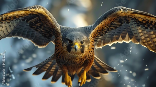 Majestic falcon in mid-flight, detailed wings and intense focus, powerful and swift photo