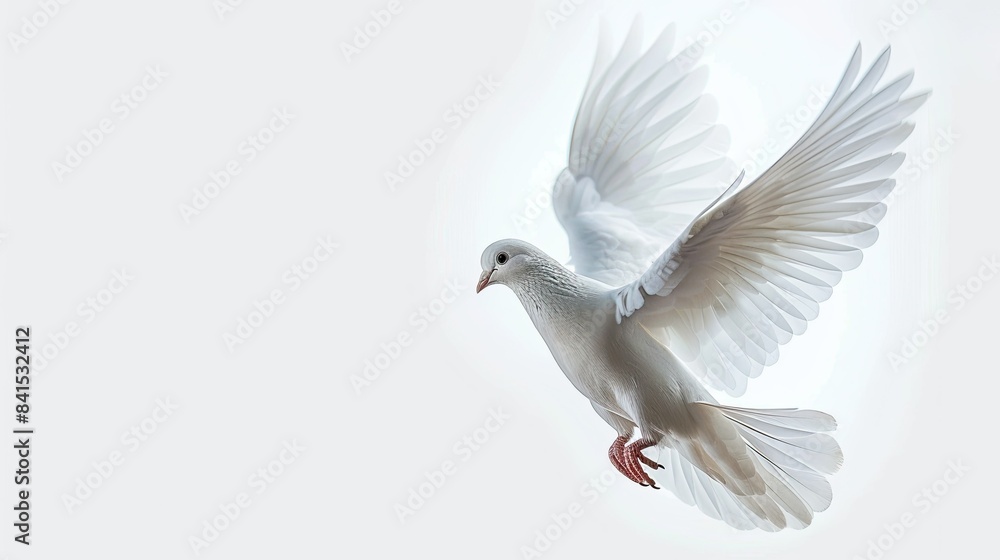 Fototapeta premium Beautiful white dove ascending against a pure white backdrop, emblem of peace and love