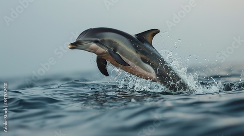 Playful dolphin jumping out of the ocean, sleek body and sparkling water, energetic and joyful