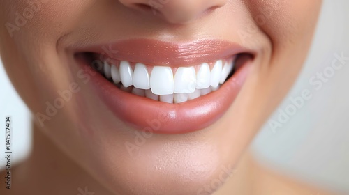 a close-up of a woman's smile with white teeth isolated on white background