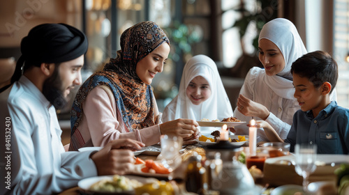 Muslim family gathering around dining table for Ramadan dinner.