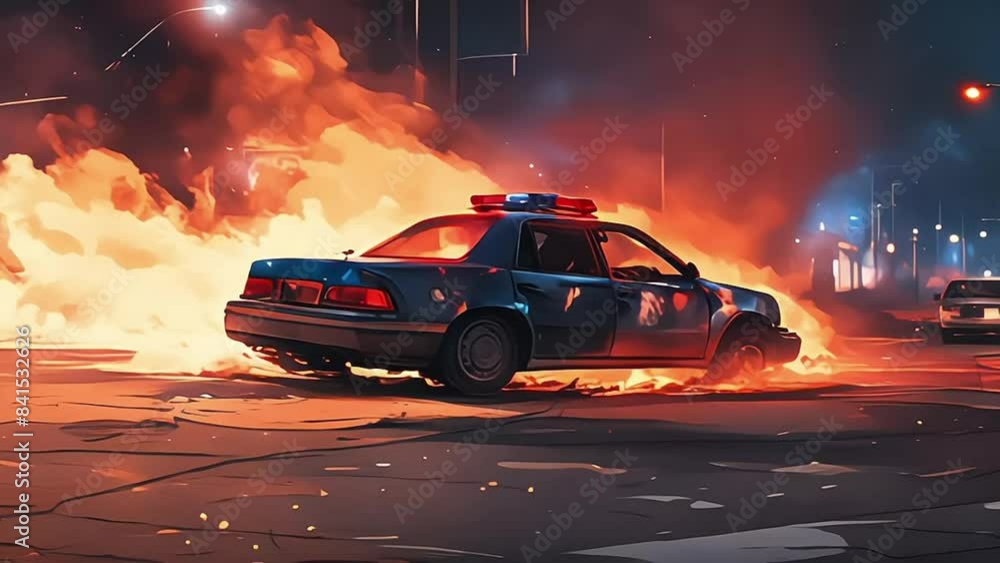 Car on fire at night in the street Car on fire at night in the street
