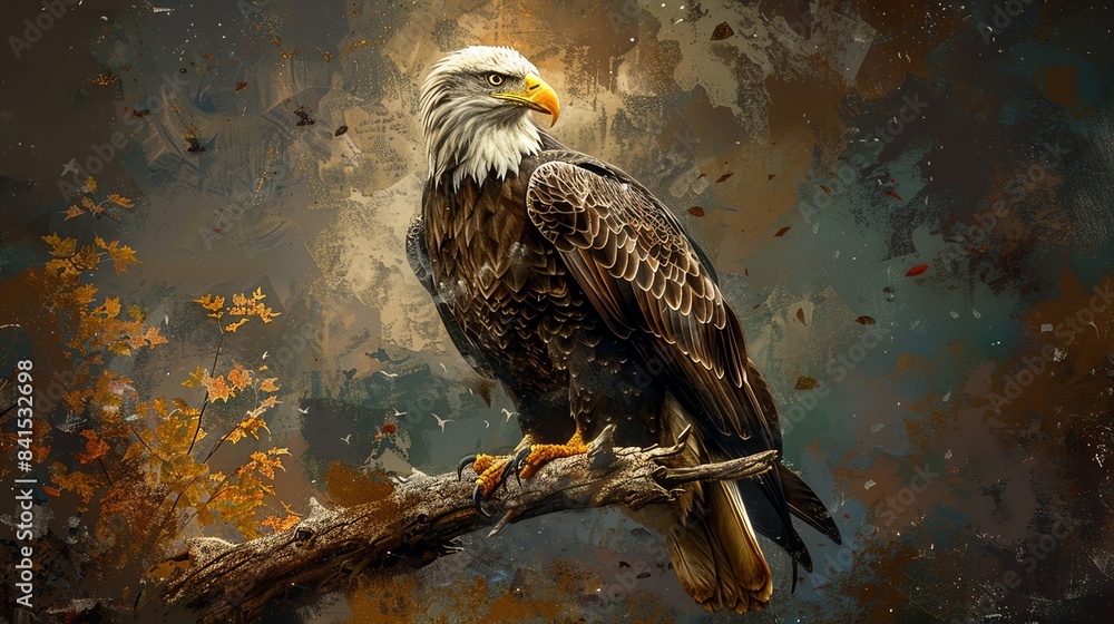 Fototapeta premium Realistic eagle perched on a tree branch, detailed feathers and sharp eyes, proud and strong