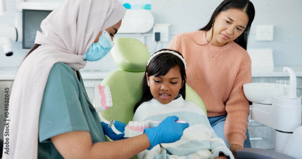 Child, pediatric dentist or education of brushing teeth in surgery or family friendly demonstration of tooth hygiene. Girl, parent or orthodontist with dental model to brush or lesson on mouth care Child, pediatric dentist or education of brushing teeth in surgery or family friendly demonstration of tooth hygiene. Girl, parent or orthodontist with dental model to brush or lesson on mouth care