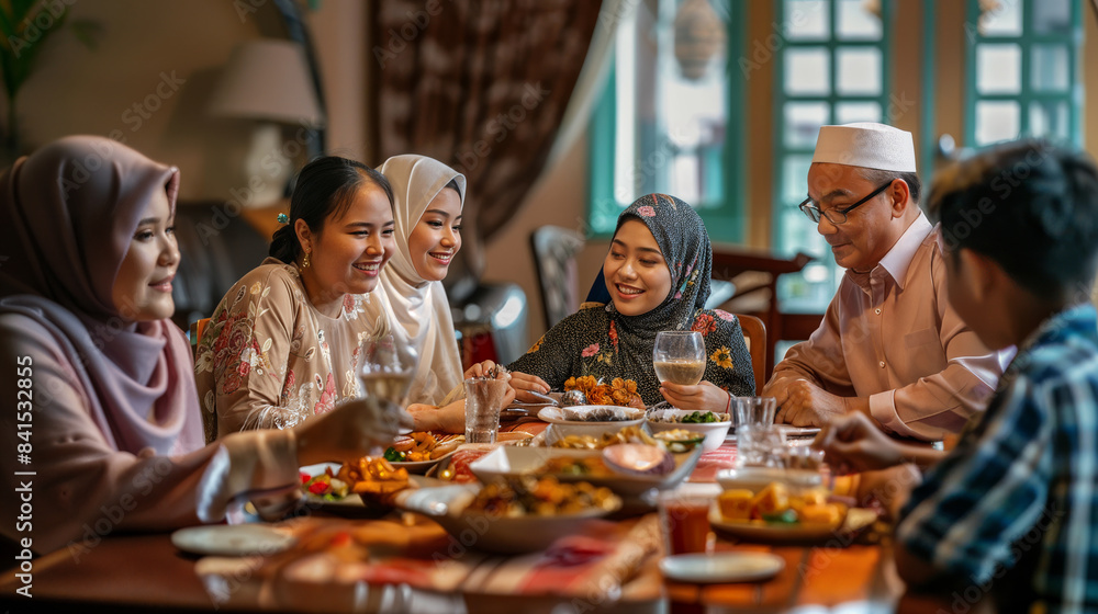 Muslim family gathering around dining table for Ramadan dinner. Muslim family gathering around dining table for Ramadan dinner.