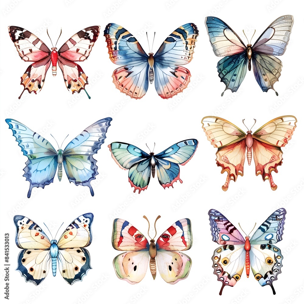 Enchanting Watercolor Butterflies with Intricate Wing Patterns on White Background Enchanting Watercolor Butterflies with Intricate Wing Patterns on White Background
