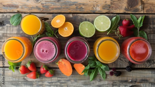 Selection of vibrant juices, presented on a rustic wooden surface.