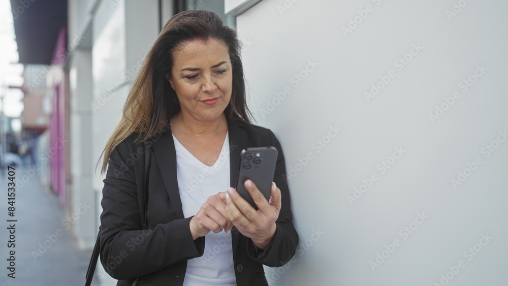 An adult hispanic woman uses a smartphone on an urban city street, capturing a moment of contemporary outdoor lifestyle. An adult hispanic woman uses a smartphone on an urban city street, capturing a moment of contemporary outdoor lifestyle.