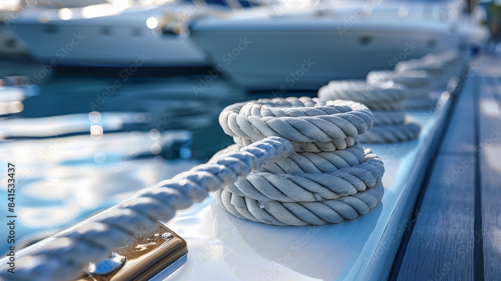Obraz premium Close up of a mooring rope with a knotted end tied around a cleat on a wooden pier. Nautical mooring rope. Ropes and boat fenders on the dock, indicating the main components used to secure the boat.