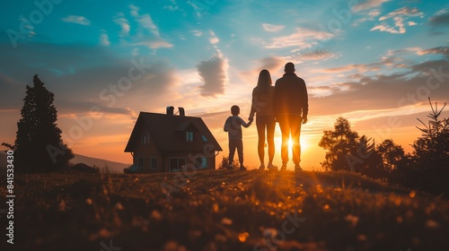 Silhouette of a family taking a photo in front of their new cottage. Family dream about a new house, home. Child reaching for a dream with parents. Sunset sun, sky. photo