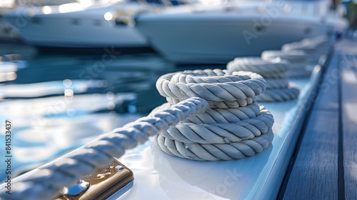Close up of a mooring rope with a knotted end tied around a cleat on a wooden pier. Nautical mooring rope. Ropes and boat fenders on the dock, indicating the main components used to secure the boat.