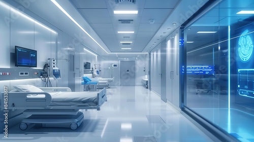 A hightech hospital room with biometric access controls and surveillance cameras, Modern, Cool tones, Digital art, Advanced security in patient care