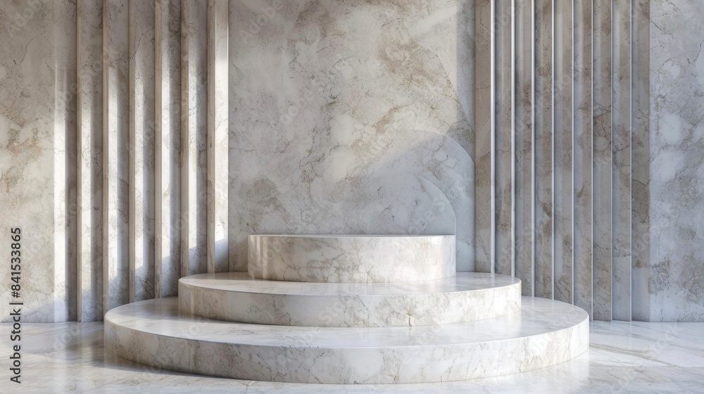Empty marble podium for product display on marble background. Realistic empty pedestal mockup for cosmetics advertising. Minimal beauty scene. Empty marble podium for product display on marble background. Realistic empty pedestal mockup for cosmetics advertising. Minimal beauty scene.