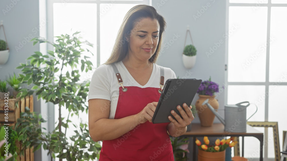 A middle-aged hispanic woman in a red apron attentively uses a tablet inside a sunlit room with plants and homey decor.