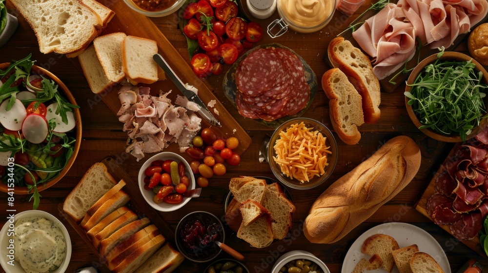 A top-down view of a sandwich bar set up with a variety of bread, meats, cheeses, and condiments, allowing guests to customize their own delicious creations A top-down view of a sandwich bar set up with a variety of bread, meats, cheeses, and condiments, allowing guests to customize their own delicious creations