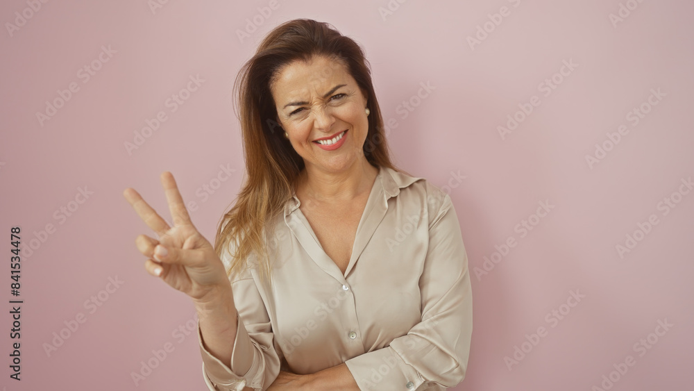 A smiling mature hispanic woman gives a peace sign against a plain pink background. A smiling mature hispanic woman gives a peace sign against a plain pink background.