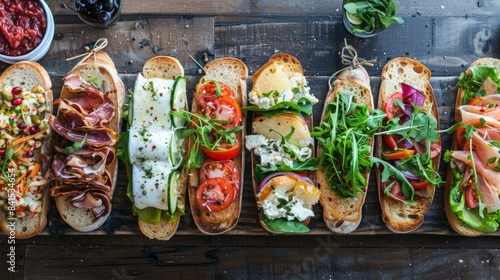 A top-down view of a variety of sandwiches arranged on a wooden board, with colorful fillings spilling out of artisan bread slices, perfect for a lunch spread photo