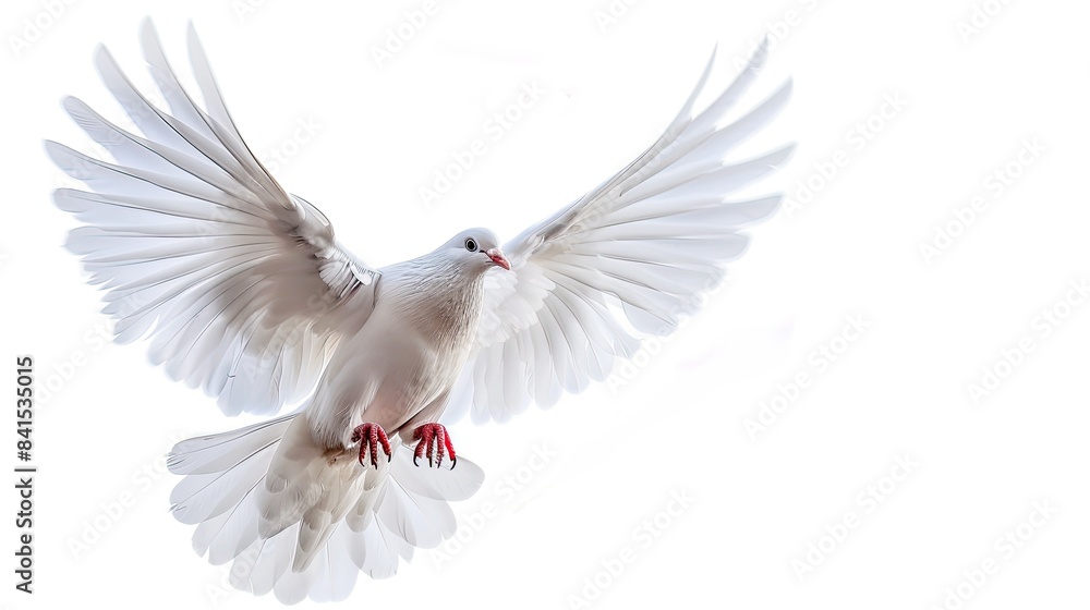 Fototapeta premium Close-up of a serene white dove soaring against a clear white sky, symbol of hope