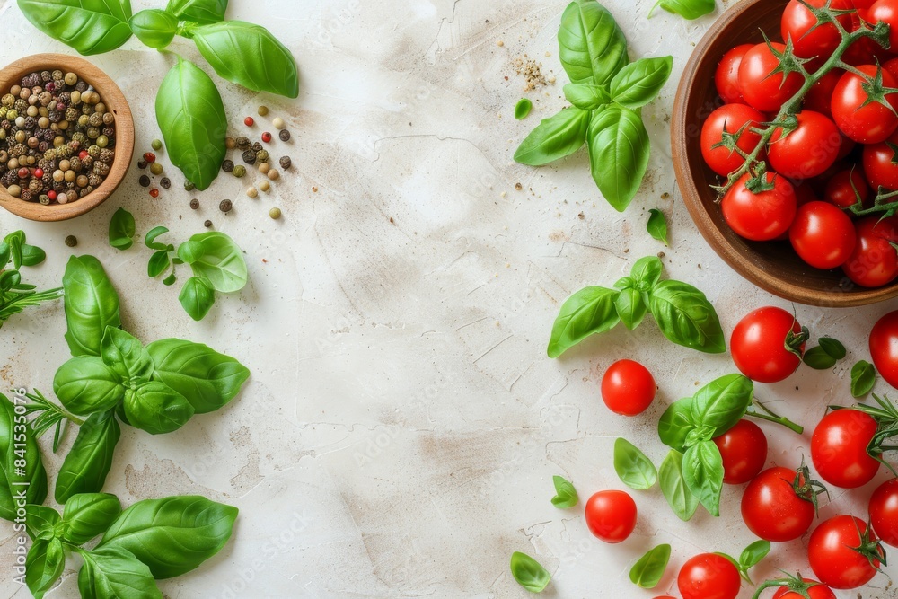 Fresh herbs and cherry tomatoes on a light background, perfect for a vibrant and healthy culinary image Fresh herbs and cherry tomatoes on a light background, perfect for a vibrant and healthy culinary image