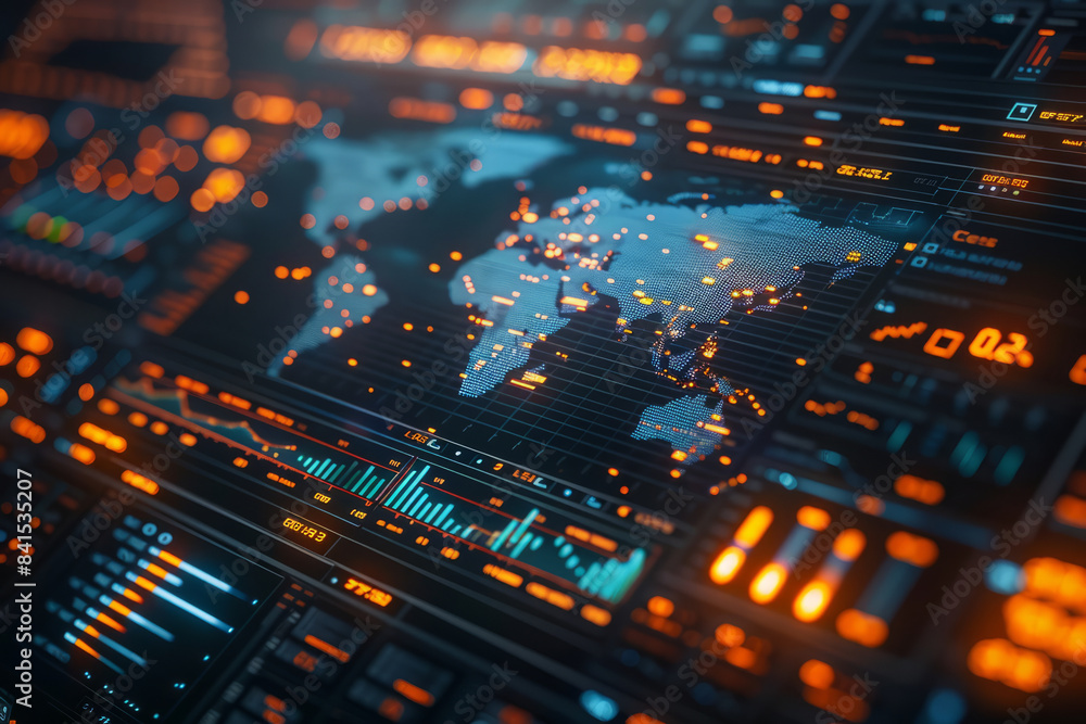 Digital world map displaying real-time global financial data with trading charts, Digital world map displaying real-time global financial data with trading charts,