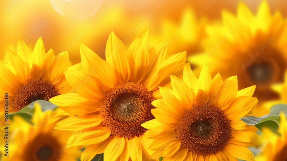 Fototapeta premium Beautiful field of blooming sunflowers against blurry sunset golden light. Summer sunflower flower background banner.