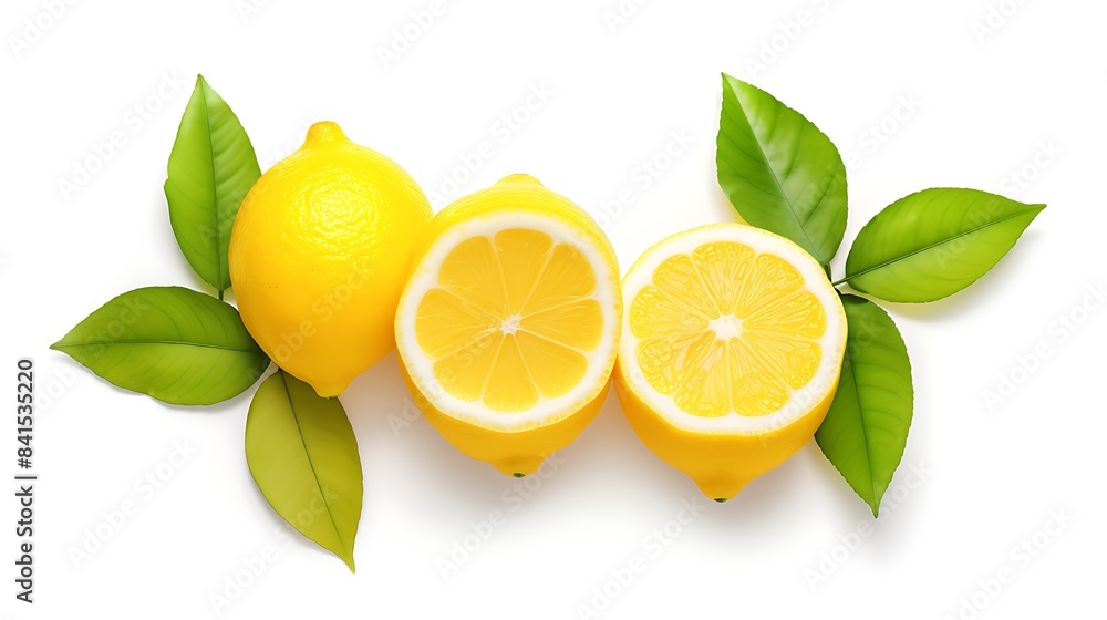The image features a sliced lemon with a leaf, as well as a whole lemon and a half lemon, all isolated on a white background The image features a sliced lemon with a leaf, as well as a whole lemon and a half lemon, all isolated on a white background