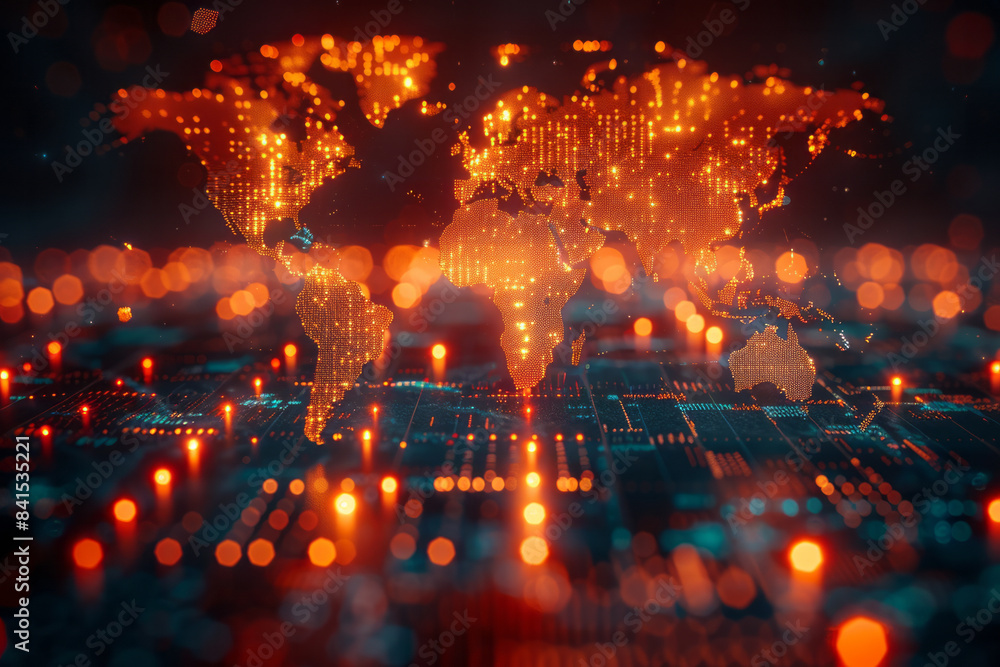 Digital world map illustrating global financial trends with integrated trading charts, Digital world map illustrating global financial trends with integrated trading charts,