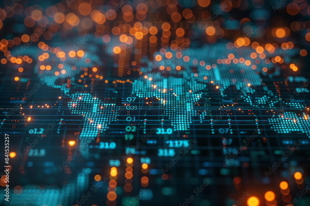 Obraz premium Digital world map with global financial data and dynamic trading chart visualizations,