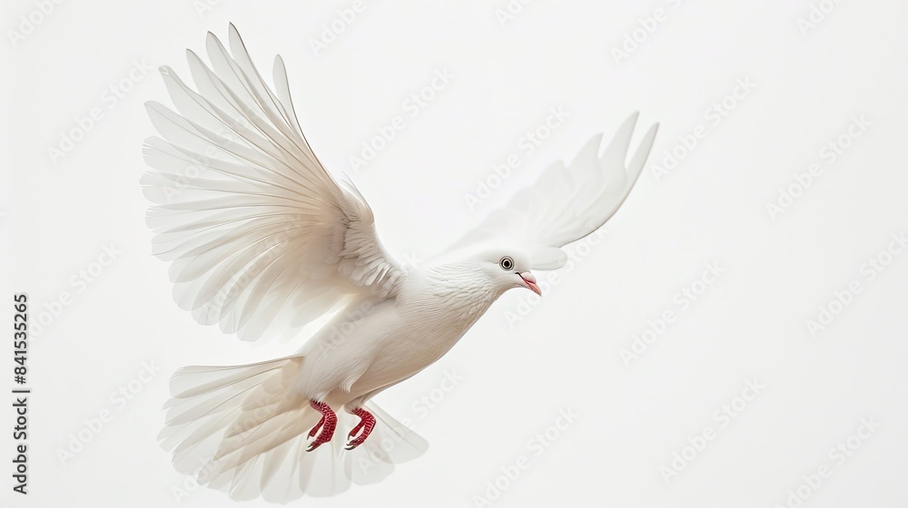 Close-up of a white dove soaring against a blank sky, elegant wings spread wide Close-up of a white dove soaring against a blank sky, elegant wings spread wide