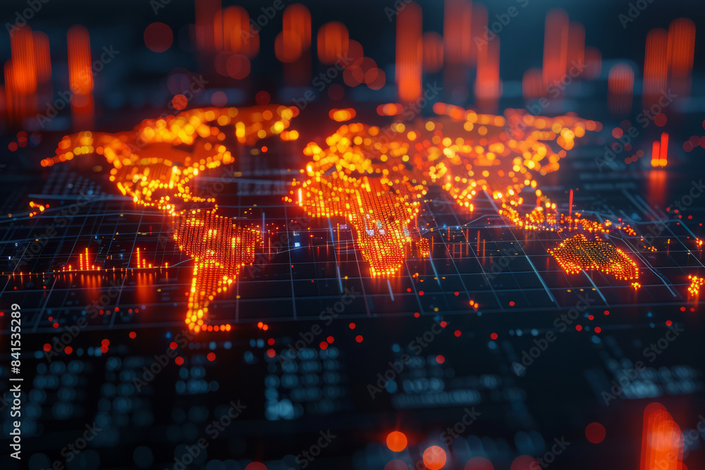 Digital world map with global financial data and dynamic trading chart visualizations,