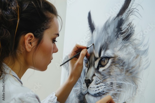 A woman using a brush, is painstakingly painting a cat on a canvas photo