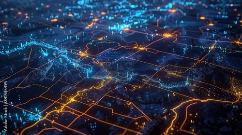 A massive digital map of the energy grid with blinking lights indicating areas of high usage and potential issues. photo