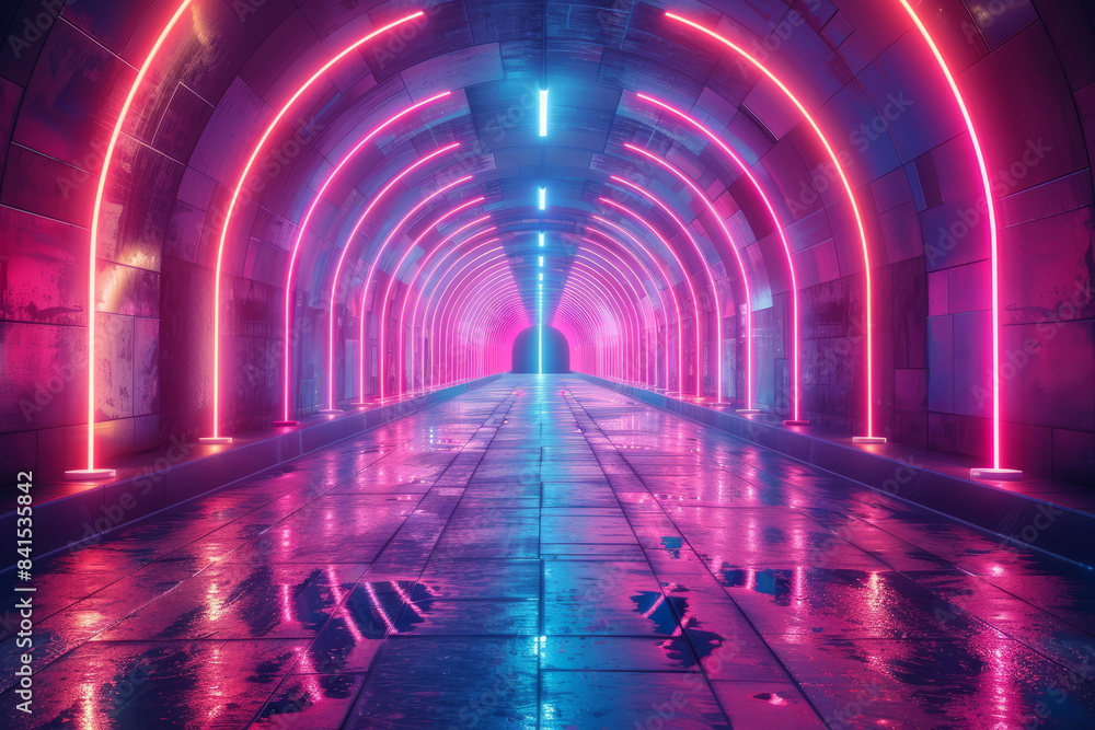 Neon-lit futuristic tunnel with abstract digital art and bright, glowing lights, Neon-lit futuristic tunnel with abstract digital art and bright, glowing lights,