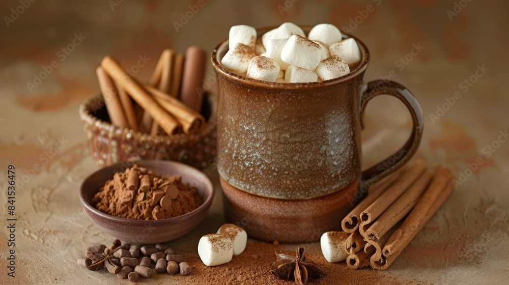 Create an image of a gourmet hot chocolate set with a beautiful mug, cocoa mix, and marshmallows, ideal for gift giving. Create an image of a gourmet hot chocolate set with a beautiful mug, cocoa mix, and marshmallows, ideal for gift giving.
