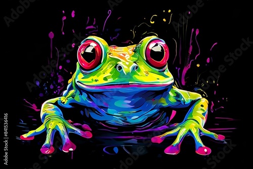 Illustration of realist frog in neon colors on a black backdrop in the pop art style, with splatters of watercolor pain