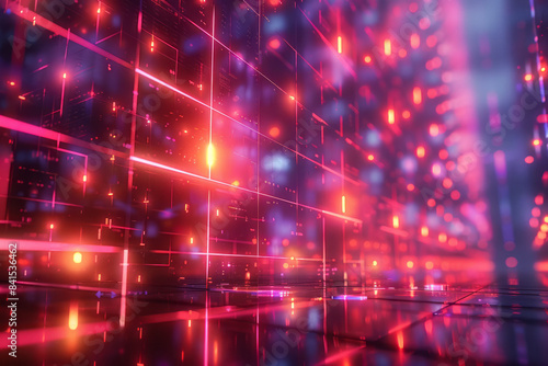 Neon gridscape with intricate geometric patterns and bright, glowing lights, photo