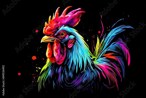 Illustration of  realist rooster in neon colors on a black backdrop in the pop art style, with splatters of watercolor pain