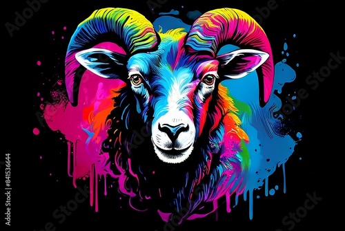 Illustration of  realist Mountain sheep in neon colors on a black backdrop in the pop art style, with splatters of watercolor pain