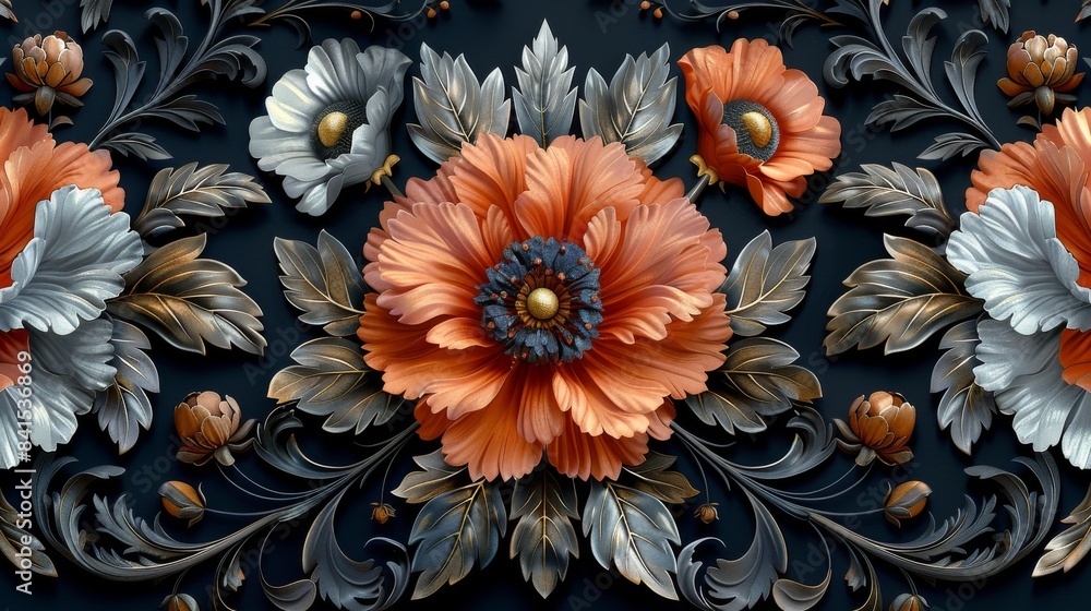 Embossed floral pattern in orange and silver Embossed floral pattern in orange and silver