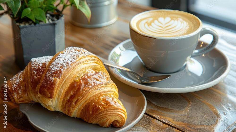 Coffee with latte design and a croissant, inviting treats for a leisurely breakfast Coffee with latte design and a croissant, inviting treats for a leisurely breakfast