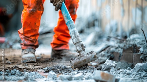 Worker using a jackhammer to break up concrete during a demolition project