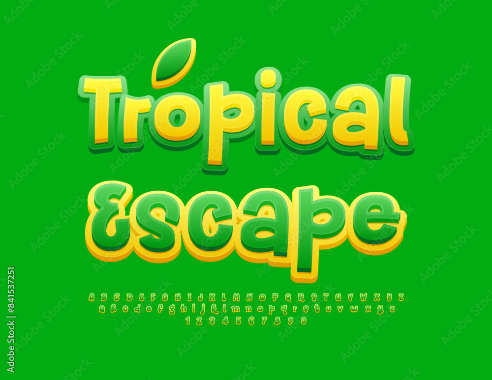Vector eco flyer Tropical Escape. Creative Green Font for Advertising, Marketing, Promotion. Bight Modern Alphabet Letters and Numbers set. Vector eco flyer Tropical Escape. Creative Green Font for Advertising, Marketing, Promotion. Bight Modern Alphabet Letters and Numbers set.