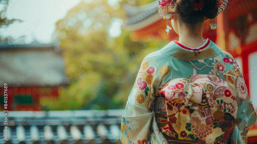 Japanese woman standing outdoors wearing an intricate and colorful traditional Japanese kimono back view. Japanese woman standing outdoors wearing an intricate and colorful traditional Japanese kimono back view.