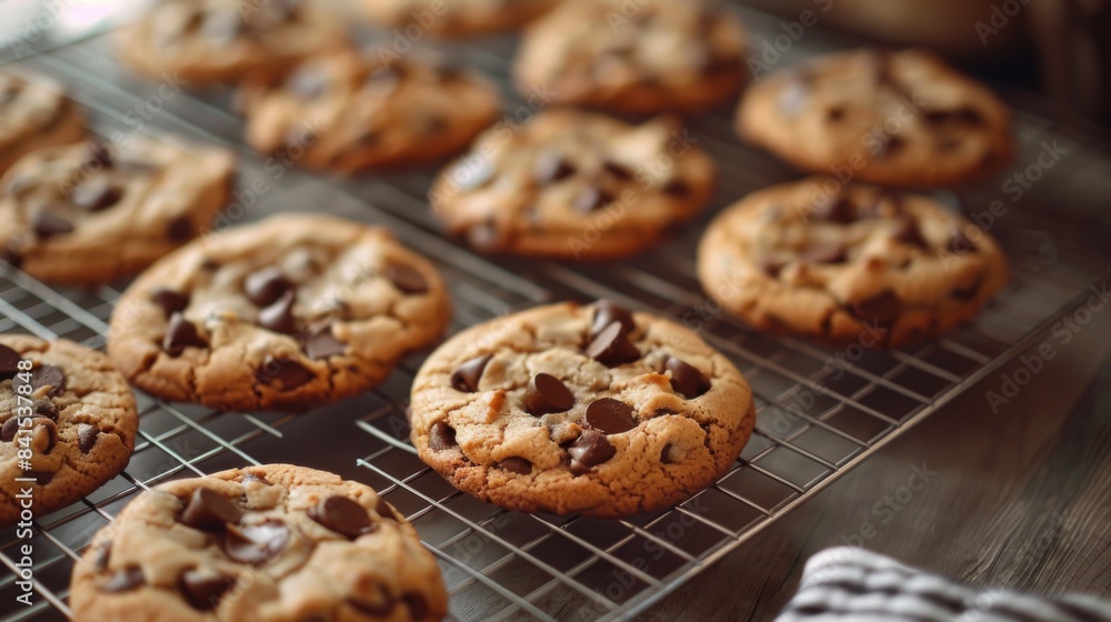 A tray of freshly baked chocolate chip cookies cooling on a wire rack, filling the air with the irresistible aroma of homemade treats A tray of freshly baked chocolate chip cookies cooling on a wire rack, filling the air with the irresistible aroma of homemade treats