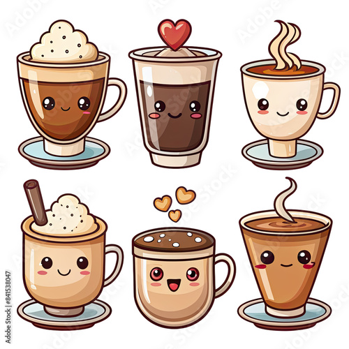 Six adorable cartoon coffee characters with happy faces, different toppings, and steam. Generative AI