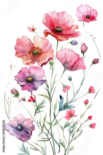 Vibrant Watercolor Floral Arrangement with Poppies and Foliage