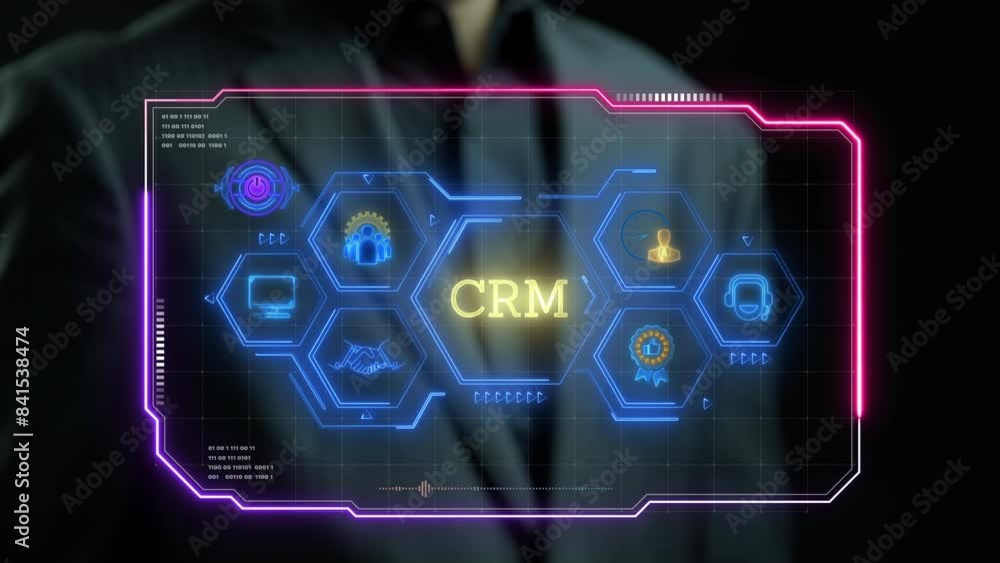 CRM, Customer relationship management concept. Social media, digital online, customer network management and network connections for target customers. Businessman showing CRM icons on virtual screen.