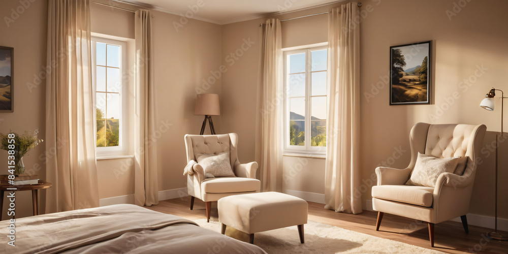 Fototapeta premium A calming beige bedroom with a peaceful landscape painting and a comfortable reading chair.