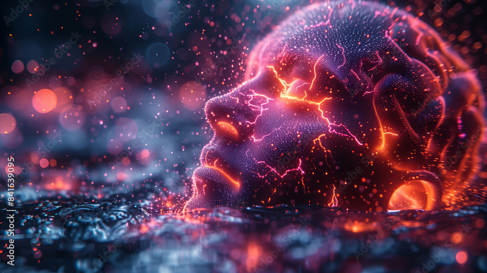 A mesmerizing, glowing human face immersed in a surreal digital landscape, illuminated with vibrant red and orange lights. This artistic representation evokes a futuristic and dreamlike atmosphere, pe A mesmerizing, glowing human face immersed in a surreal digital landscape, illuminated with vibrant red and orange lights. This artistic representation evokes a futuristic and dreamlike atmosphere, pe