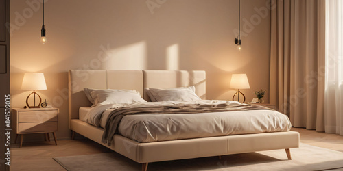 A minimalist beige bedroom with a simple bed frame and a single  elegant lamp.